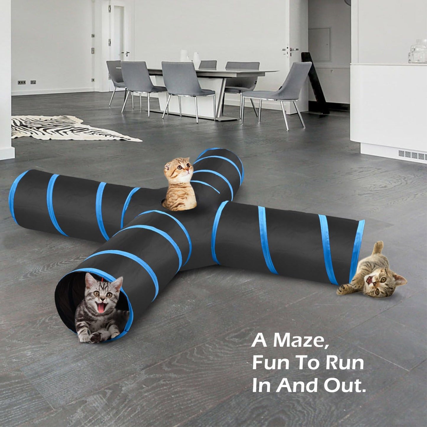 Cat Tunnel, Premium 4 Way Tunnels Extensible Collapsible Cat Play Tunnel Toy Maze Interactive Tube Toy Cat House with Pompon and Bells for Cat Puppy Kitten Rabbit, Black & Light Blue