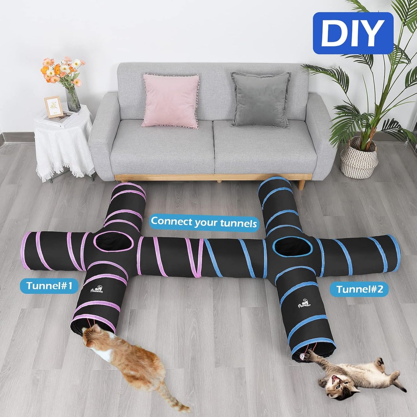 Cat Tunnel, Premium 4 Way Tunnels Extensible Collapsible Cat Play Tunnel Toy Maze Interactive Tube Toy Cat House with Pompon and Bells for Cat Puppy Kitten Rabbit, Black & Light Blue