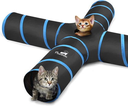 Cat Tunnel, Premium 4 Way Tunnels Extensible Collapsible Cat Play Tunnel Toy Maze Interactive Tube Toy Cat House with Pompon and Bells for Cat Puppy Kitten Rabbit, Black & Light Blue