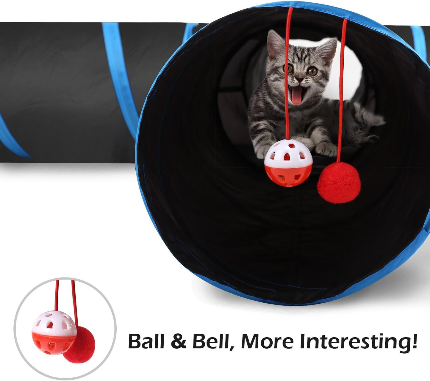 Cat Tunnel, Premium 4 Way Tunnels Extensible Collapsible Cat Play Tunnel Toy Maze Interactive Tube Toy Cat House with Pompon and Bells for Cat Puppy Kitten Rabbit, Black & Light Blue