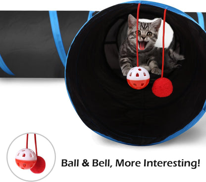 Cat Tunnel, Premium 4 Way Tunnels Extensible Collapsible Cat Play Tunnel Toy Maze Interactive Tube Toy Cat House with Pompon and Bells for Cat Puppy Kitten Rabbit, Black & Light Blue